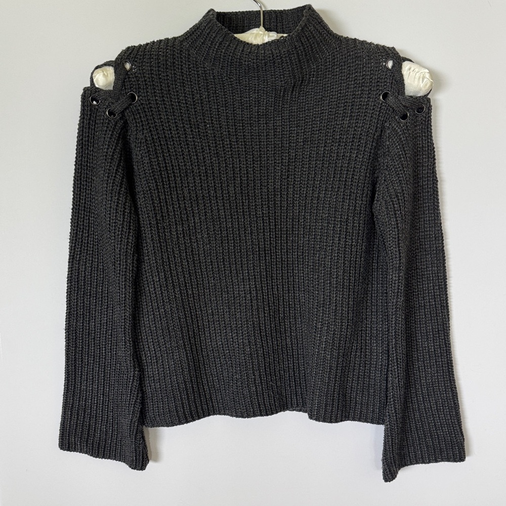 John + Jenn Black Cowl Neck Sweater with Laced Shoulder Cutouts